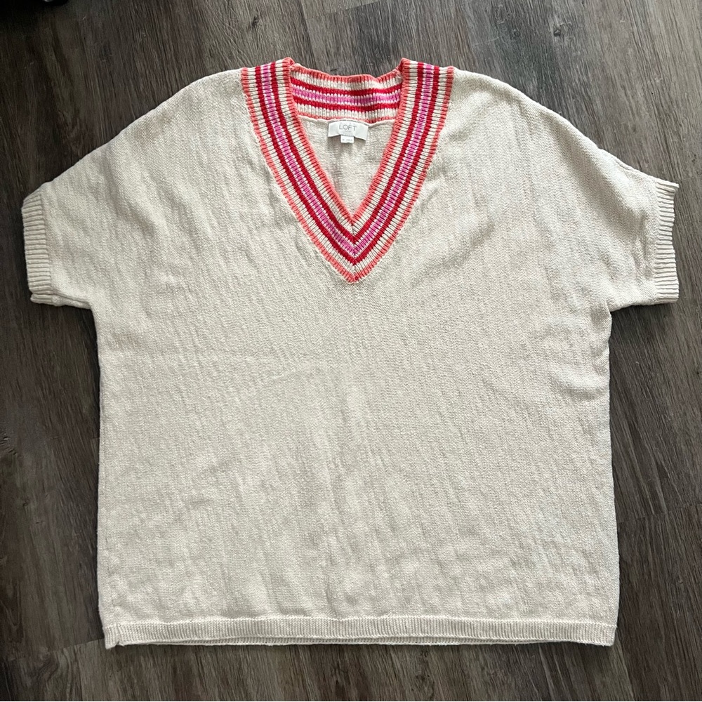 LOFT Cream V Neck Short Sleeve Sweater with Pink, Red and Orange Stripe Detail.